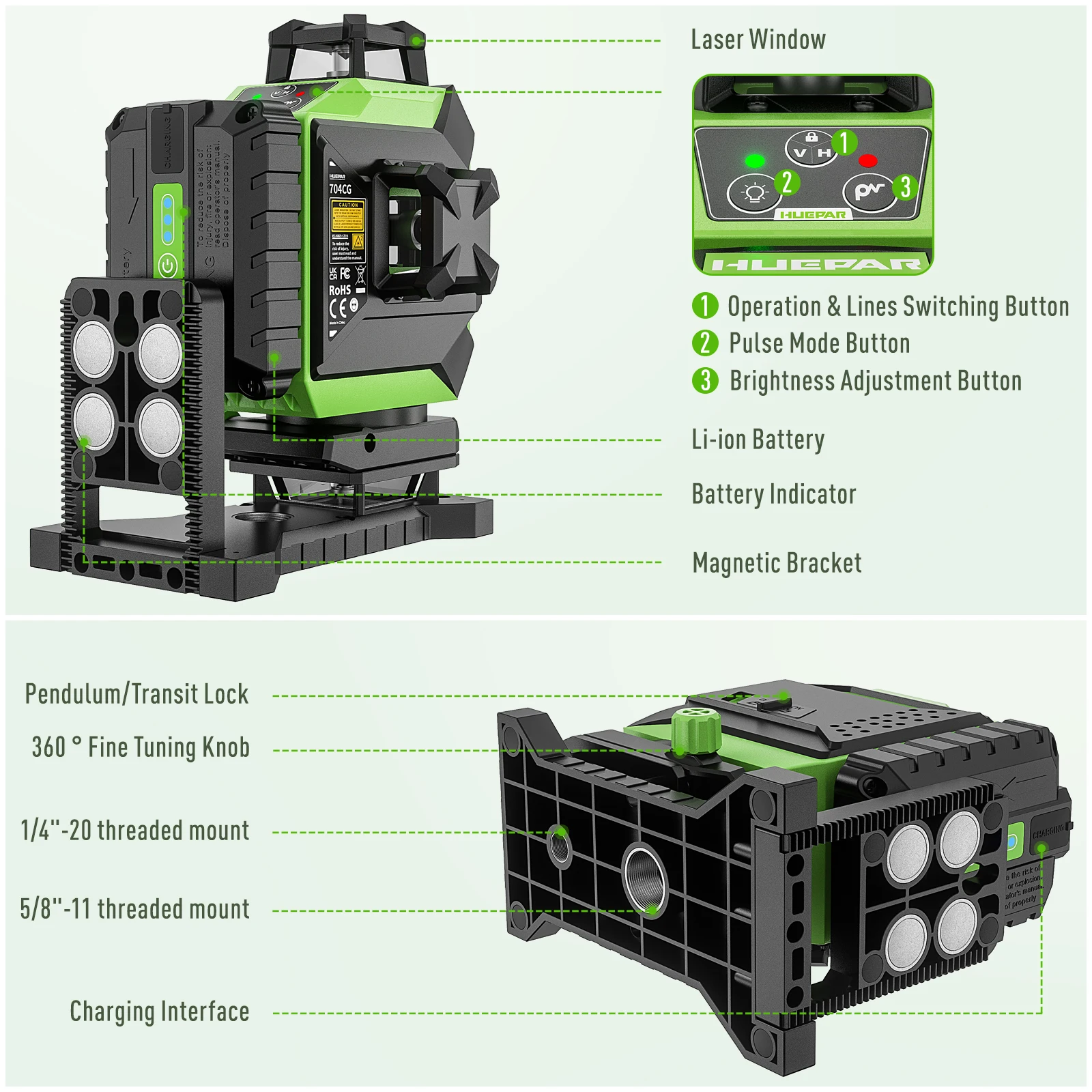 Laser Level 16 Lines 4D Green - Huepar 704CG Alat Laser Digital 4D
